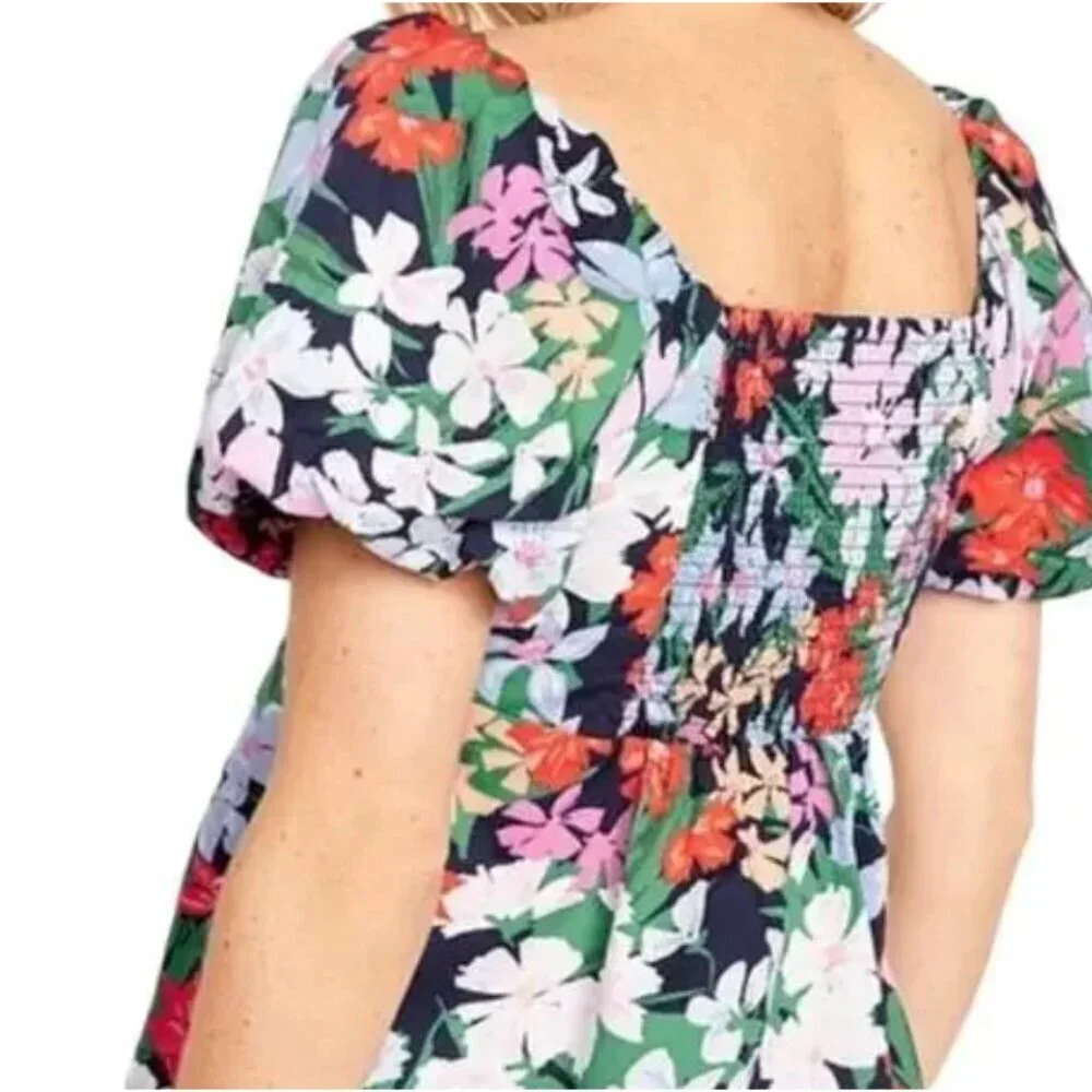 Old Navy Puff-Sleeve Smocked Swing Blouse Size XL Blue Floral Cottagecore NWT